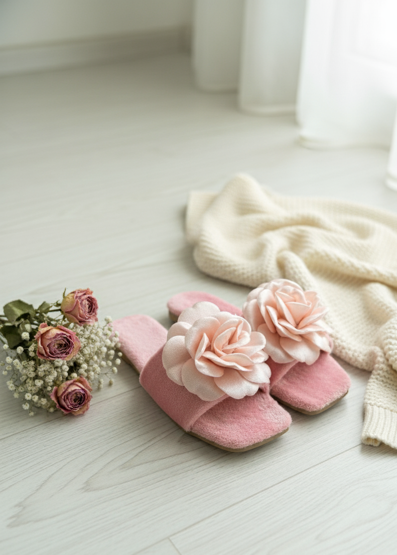 X-HARMONY Kadın Ev Terliği Peluş Tüylü Terlik Güllü Çeyiz ve Bohça Terliği Ses Yapmaz Taban