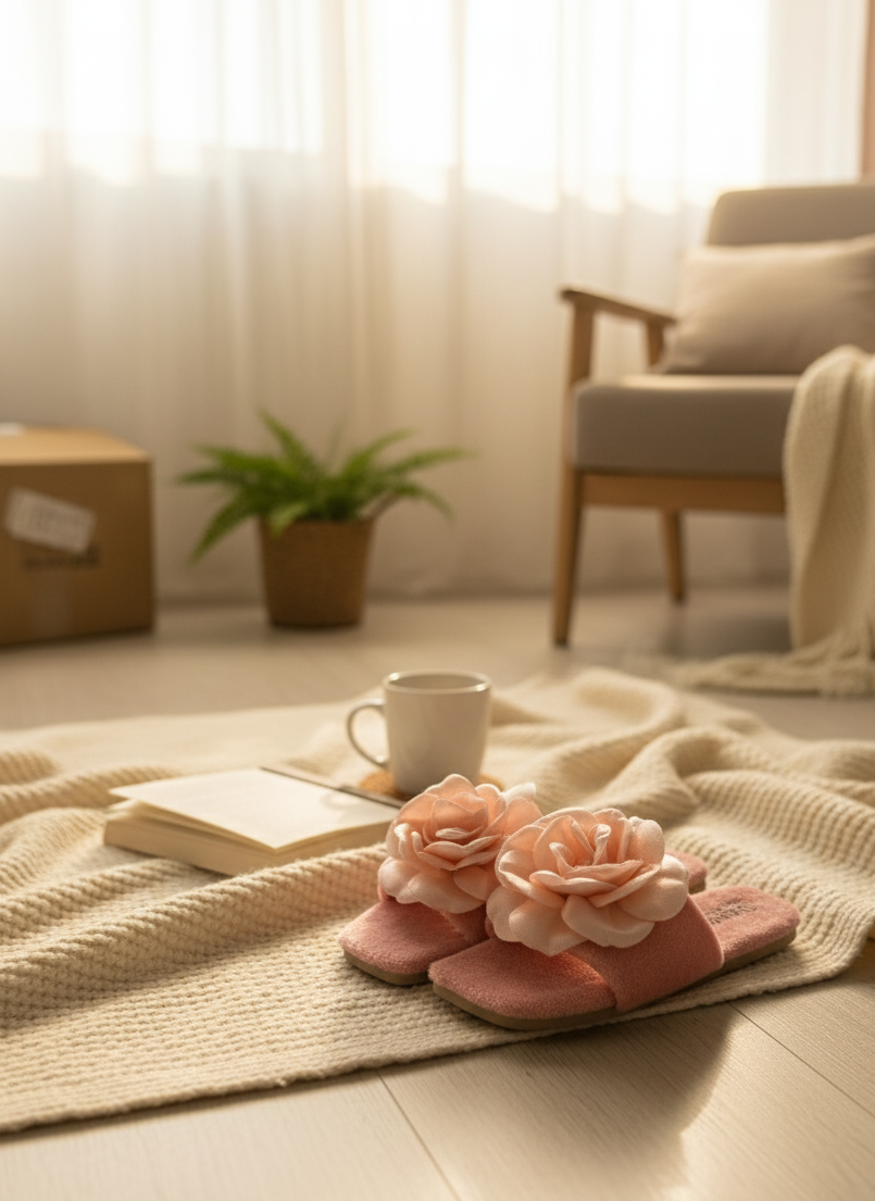 X-HARMONY Kadın Ev Terliği Peluş Tüylü Terlik Güllü Çeyiz ve Bohça Terliği Ses Yapmaz Taban