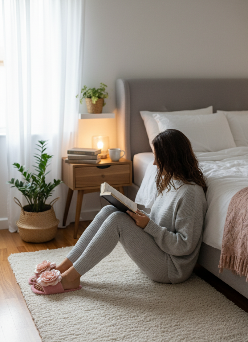 X-HARMONY Kadın Ev Terliği Peluş Tüylü Terlik Güllü Çeyiz ve Bohça Terliği Ses Yapmaz Taban