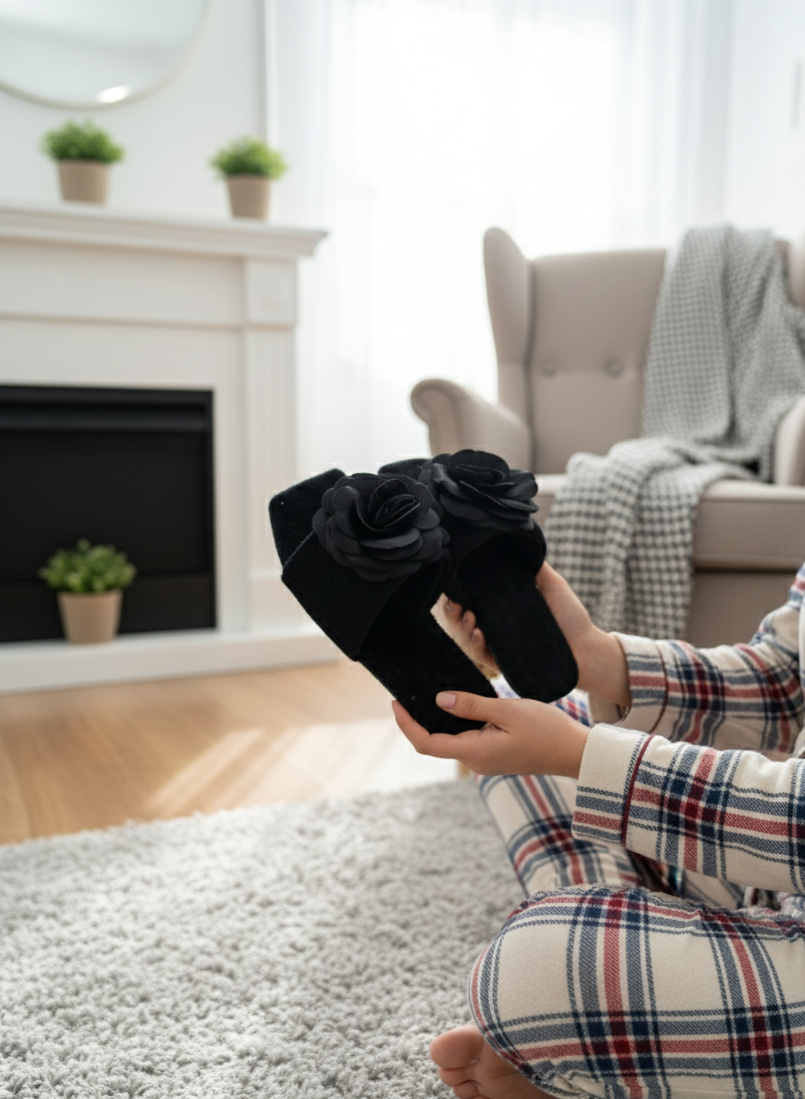 X-HARMONY Kadın Ev Terliği Peluş Tüylü Terlik Güllü Çeyiz ve Bohça Terliği Ses Yapmaz Taban