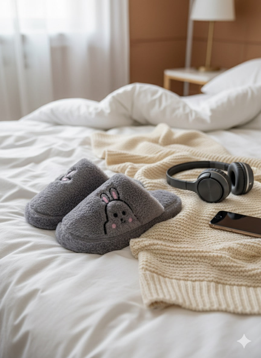 Rabbit Gri Kadın Ev Terliği Peluş Terlik Çeyiz ve Bohça Terliği Ses Yapmaz Kalın Taban