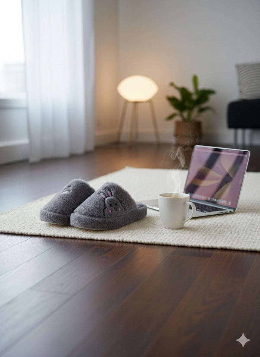 Rabbit Gri Kadın Ev Terliği Peluş Terlik Çeyiz ve Bohça Terliği Ses Yapmaz Kalın Taban