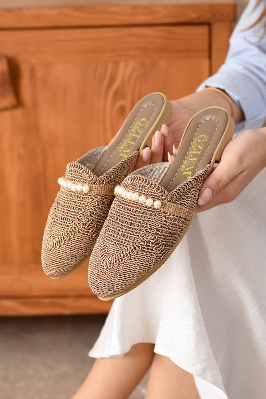 Lisa Kadın Günlük Konforlu Örme Işlemeli Inci Terlik Hasır Tatil Çeyiz