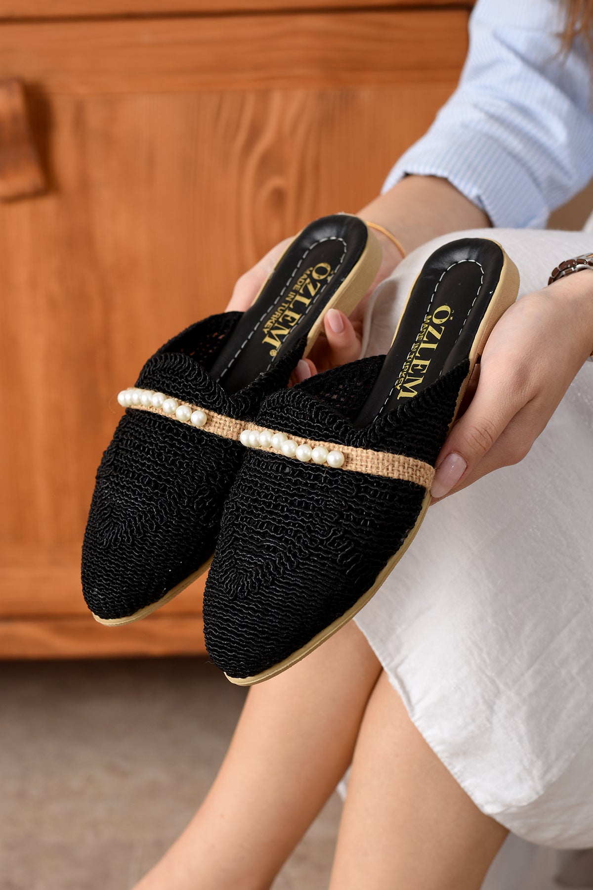 Lisa Kadın Günlük Konforlu Örme Işlemeli Inci Terlik Hasır Tatil Çeyiz