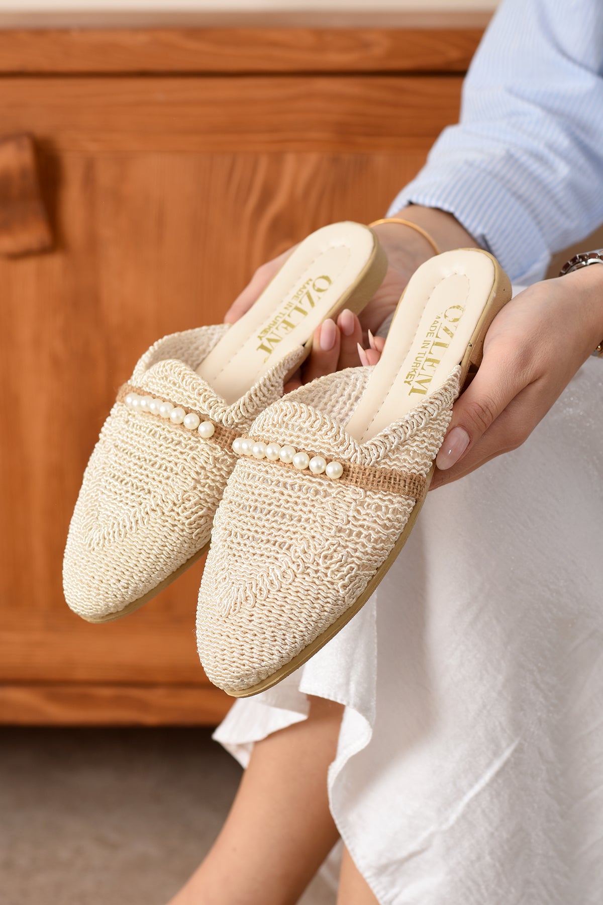 Lisa Kadın Günlük Konforlu Örme Işlemeli Inci Terlik Hasır Tatil Çeyiz