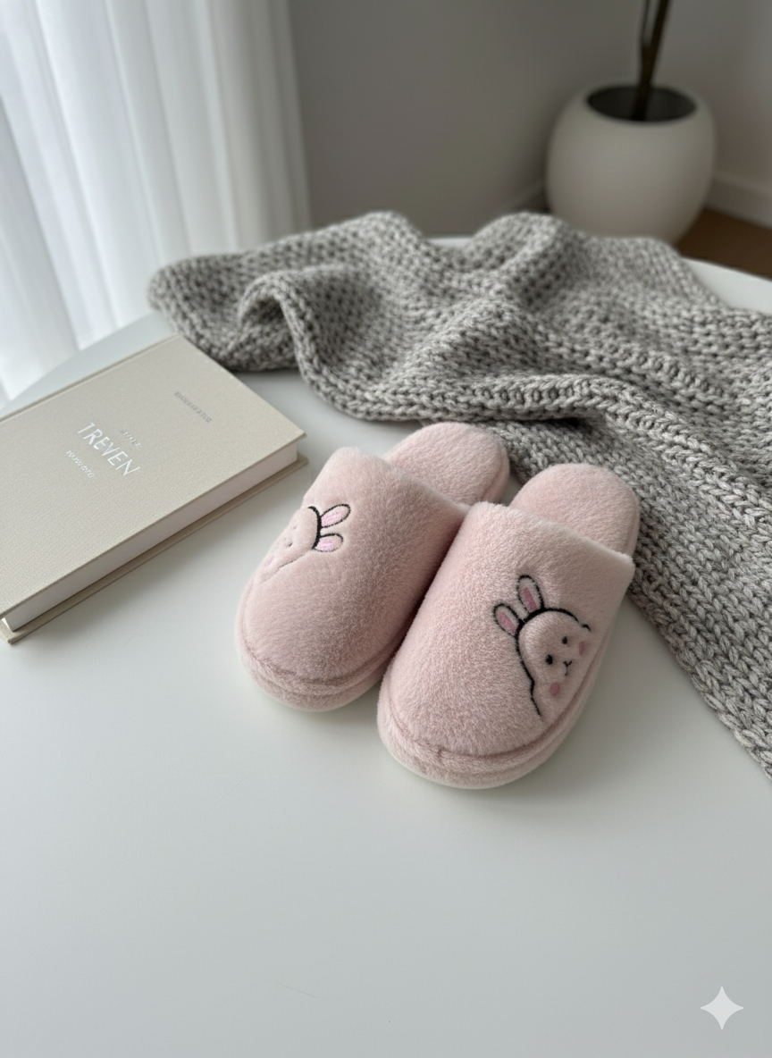 Rabbit Pembe Kadın Ev Terliği Peluş Terlik Çeyiz ve Bohça Terliği Ses Yapmaz Kalın Taban