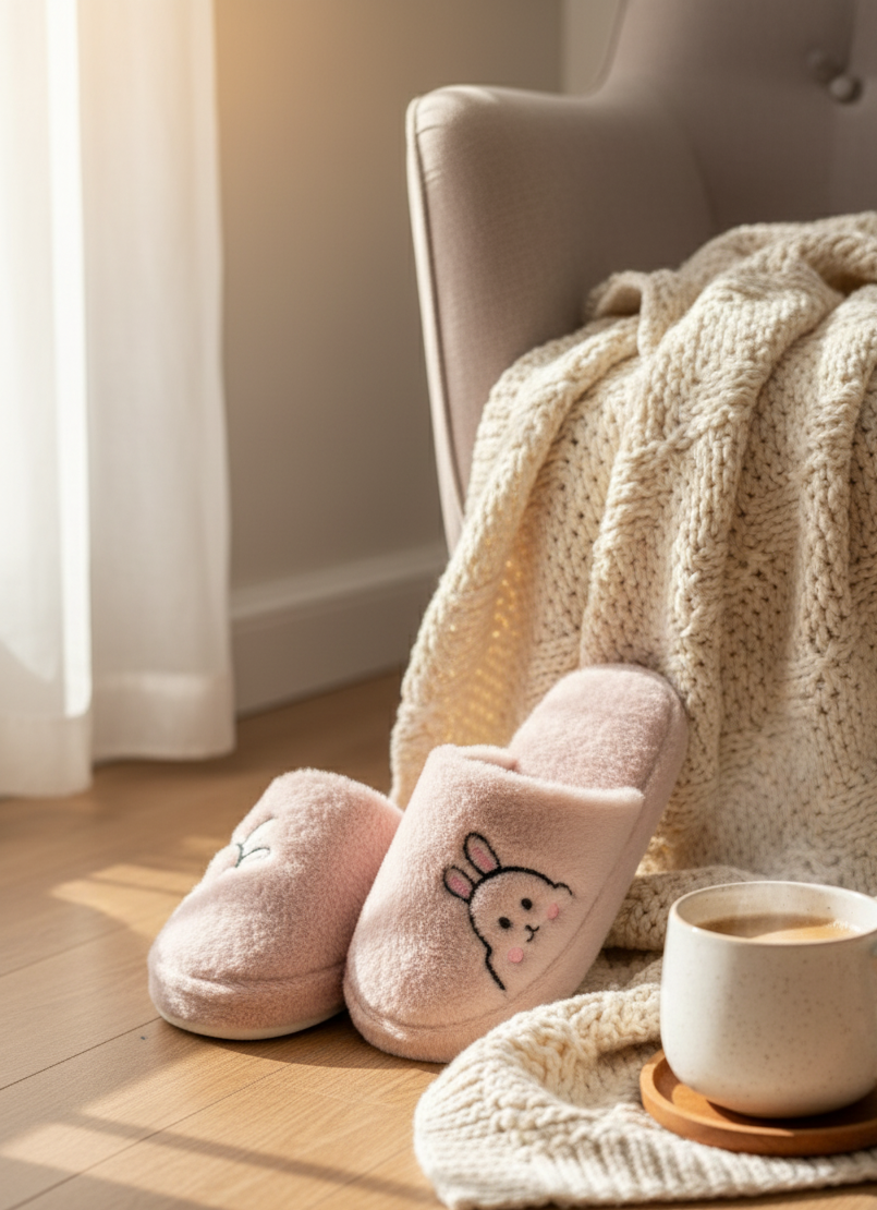 Rabbit Pembe Kadın Ev Terliği Peluş Terlik Çeyiz ve Bohça Terliği Ses Yapmaz Kalın Taban