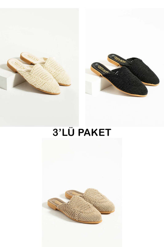 Venis Kadın Günlük Konforlu Örme Işlemeli Terlik Hasır Tatil Çeyiz 3'lü Set