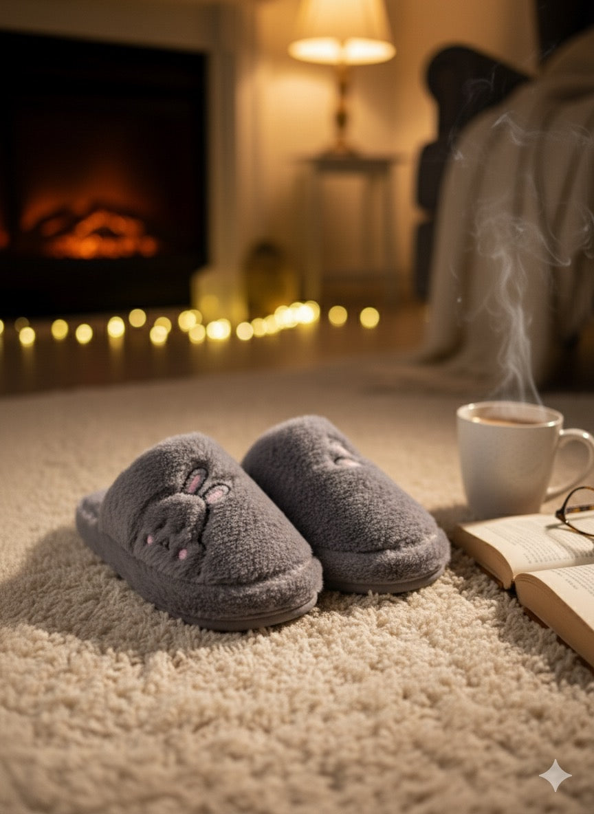 Rabbit Gri Kadın Ev Terliği Peluş Terlik Çeyiz ve Bohça Terliği Ses Yapmaz Kalın Taban