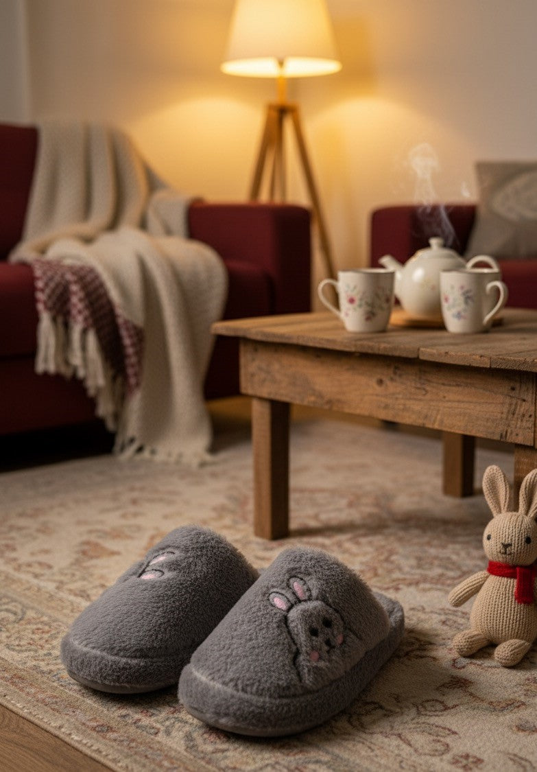 Rabbit Pembe Kadın Ev Terliği Peluş Terlik Çeyiz ve Bohça Terliği Ses Yapmaz Kalın Taban