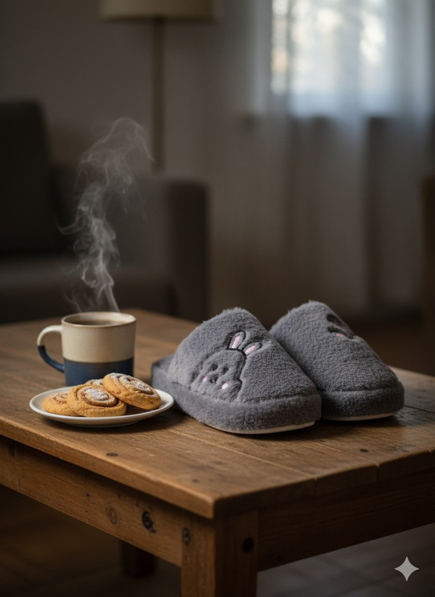 Rabbit Gri Kadın Ev Terliği Peluş Terlik Çeyiz ve Bohça Terliği Ses Yapmaz Kalın Taban