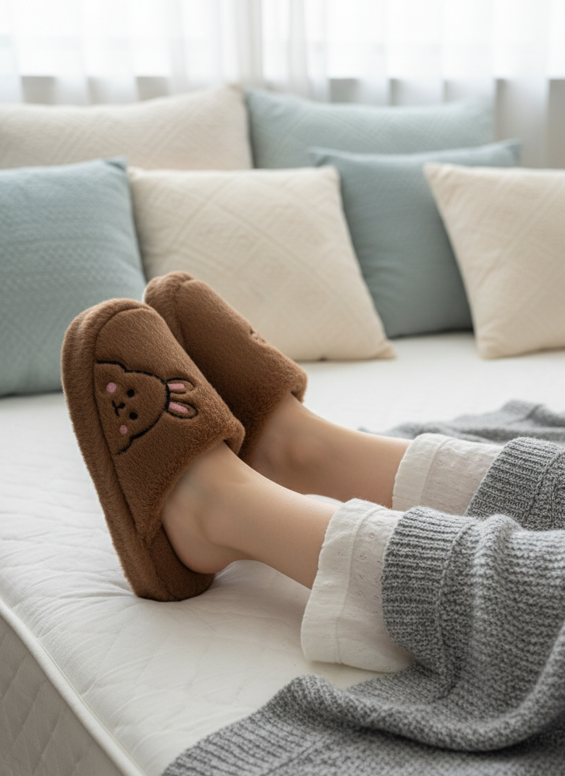 Rabbit Pembe Kadın Ev Terliği Peluş Terlik Çeyiz ve Bohça Terliği Ses Yapmaz Kalın Taban