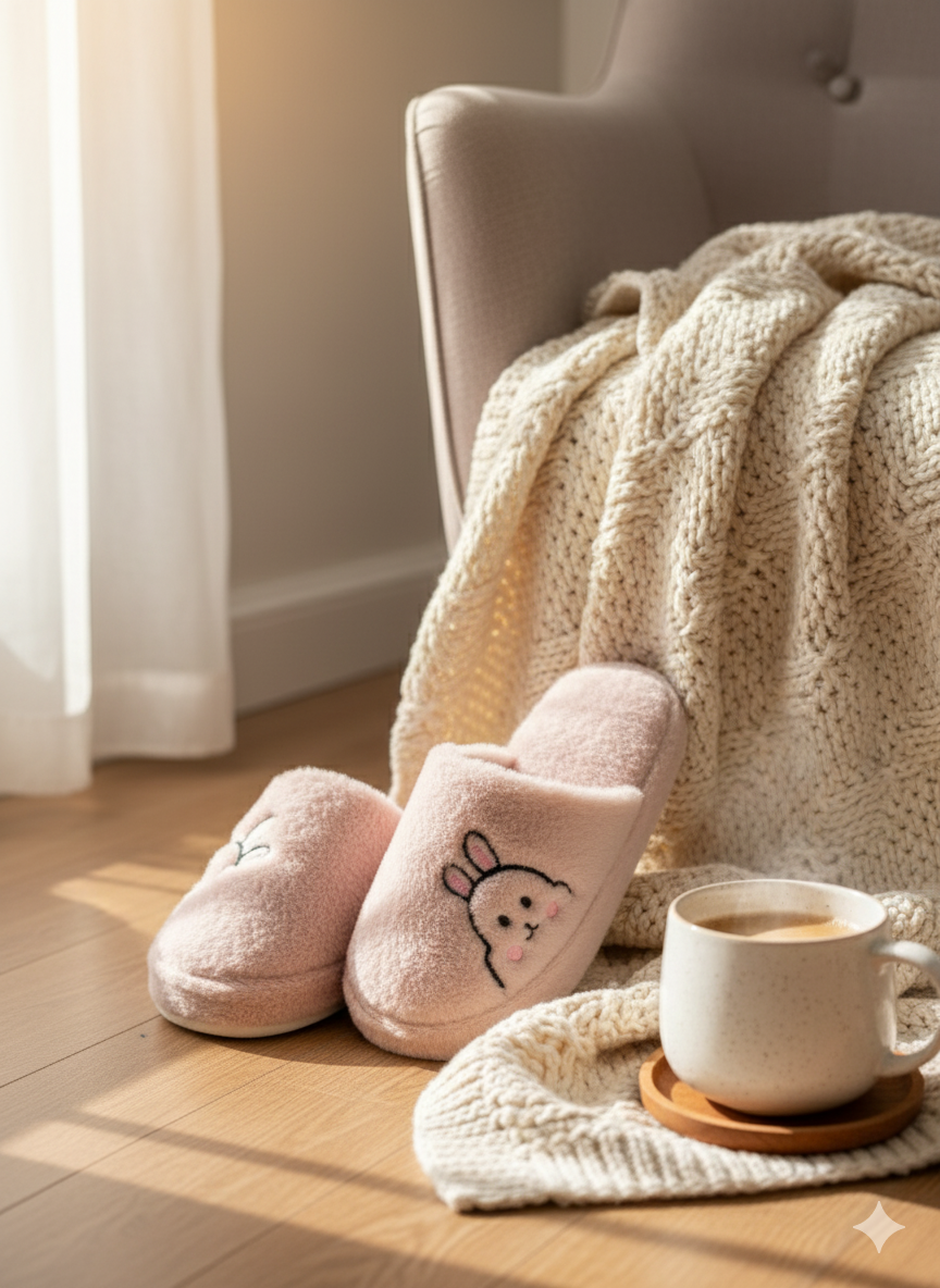 Rabbit Pembe Kadın Ev Terliği Peluş Terlik Çeyiz ve Bohça Terliği Ses Yapmaz Kalın Taban