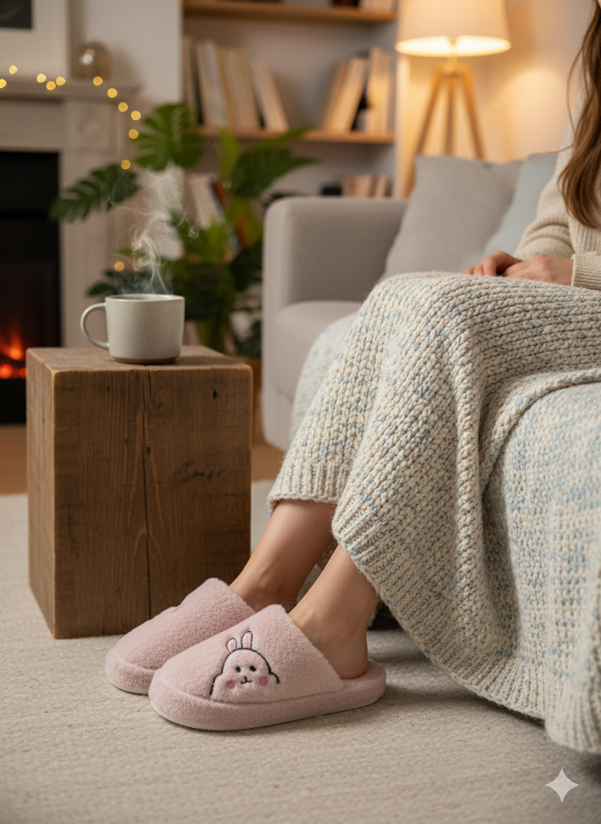 Rabbit Pembe Kadın Ev Terliği Peluş Terlik Çeyiz ve Bohça Terliği Ses Yapmaz Kalın Taban