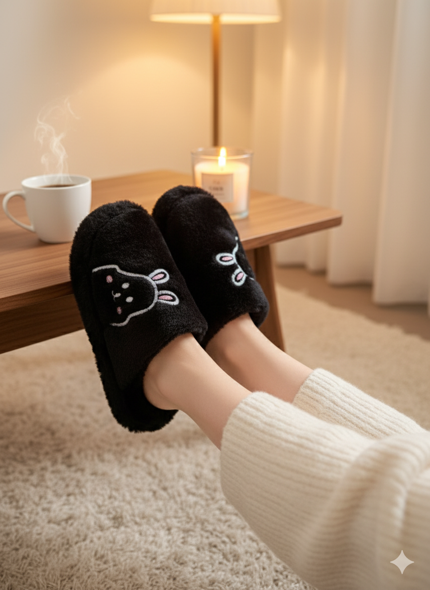 Rabbit Gri Kadın Ev Terliği Peluş Terlik Çeyiz ve Bohça Terliği Ses Yapmaz Kalın Taban