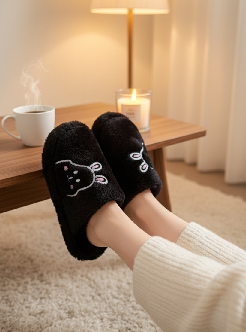 Rabbit Pembe Kadın Ev Terliği Peluş Terlik Çeyiz ve Bohça Terliği Ses Yapmaz Kalın Taban