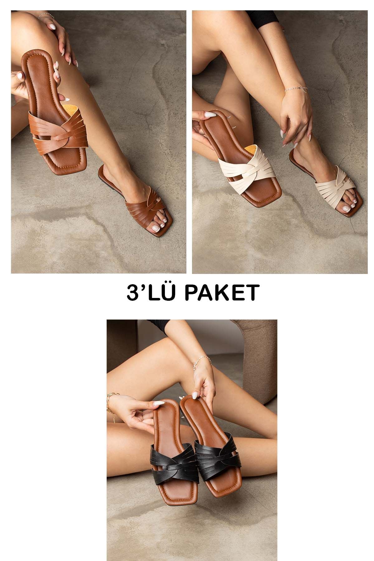 Sofi Kadın Günlük Konforlu Kontrast Detay Terlik 3'lü Set